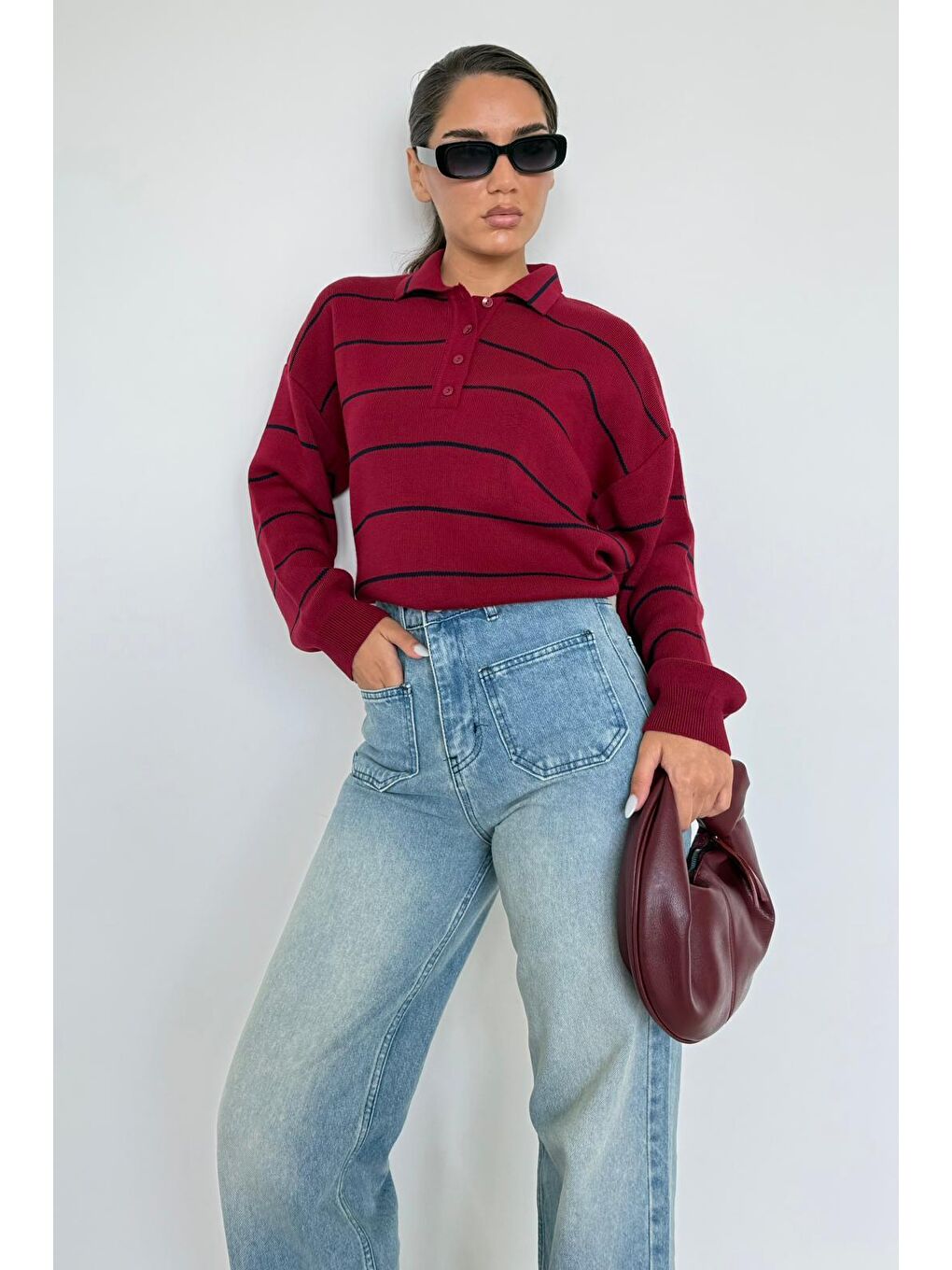 Bordo Çizgili Polo Yaka Kadın Triko Kazak Mg2470-9
