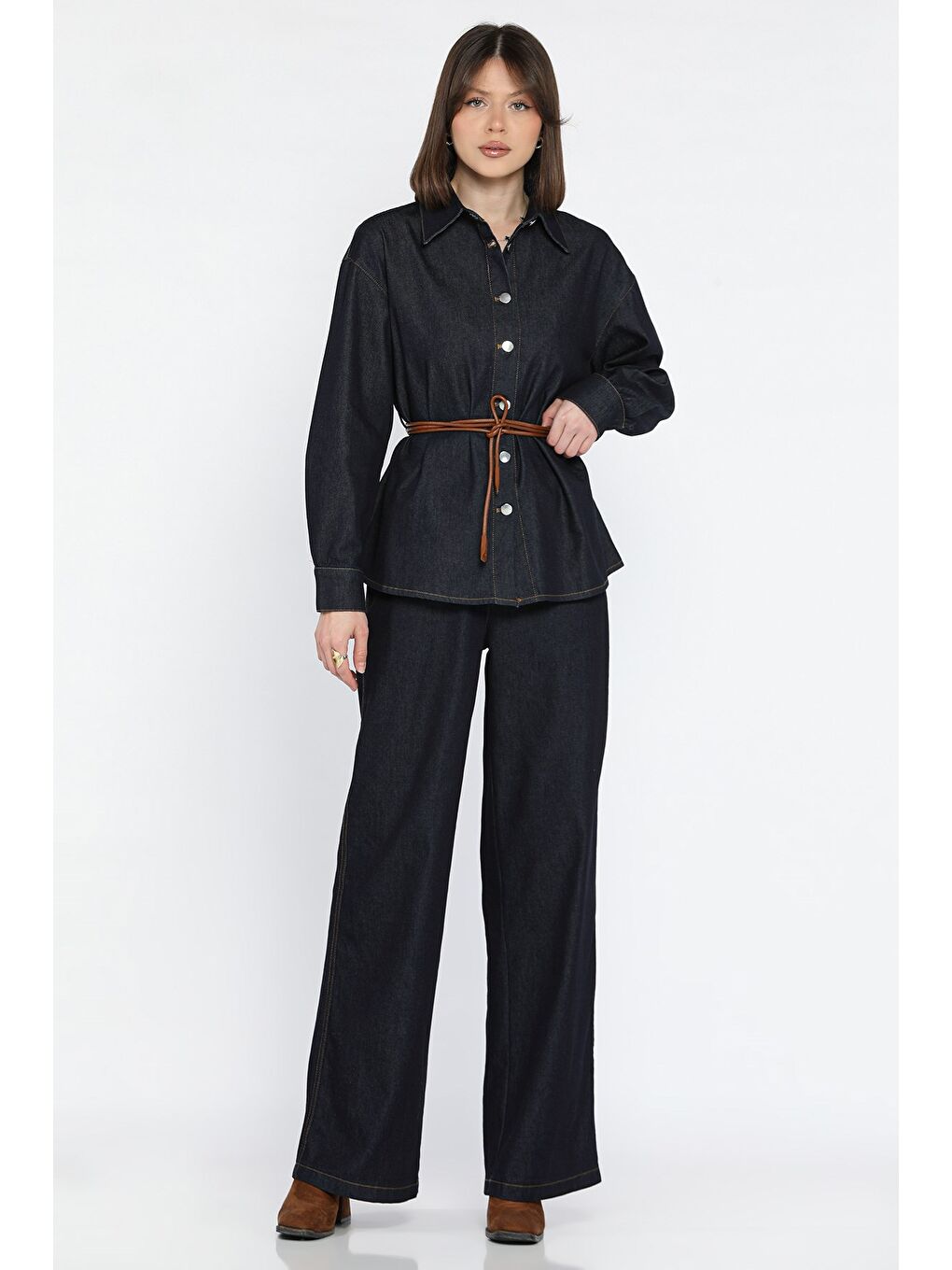 Lacivert Bel Kemer Detaylı Gömlek Pantolon Jean İkili Takım