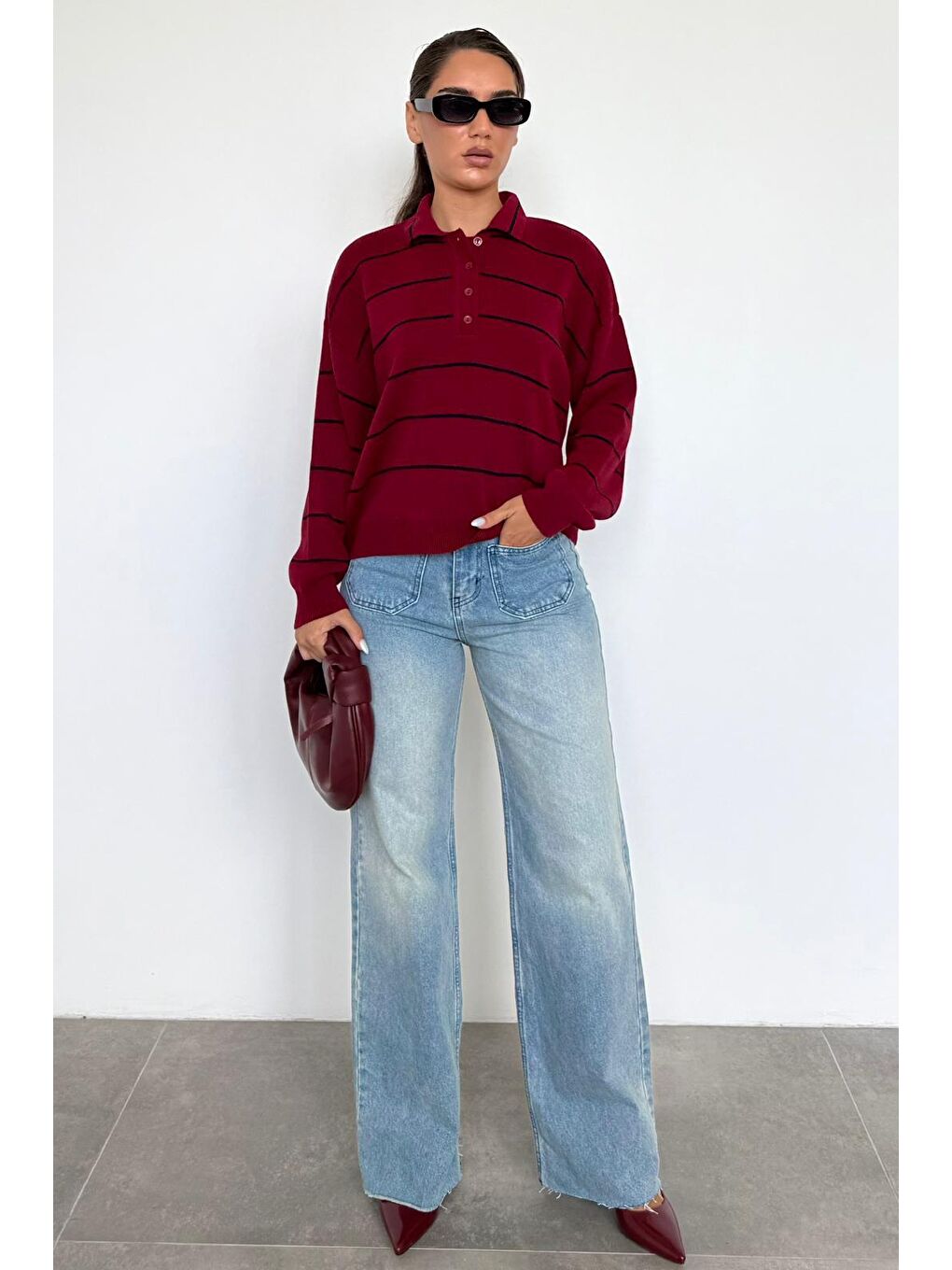 Bordo Çizgili Polo Yaka Kadın Triko Kazak Mg2470-10