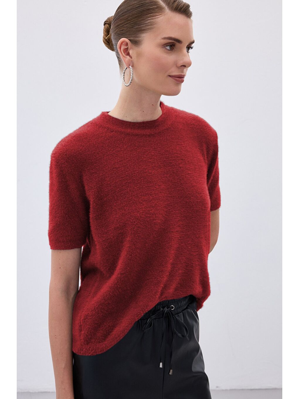 Sakallı Kısa Kol Triko - Bordo-1