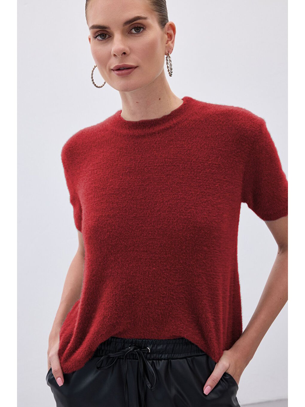 Sakallı Kısa Kol Triko - Bordo-2