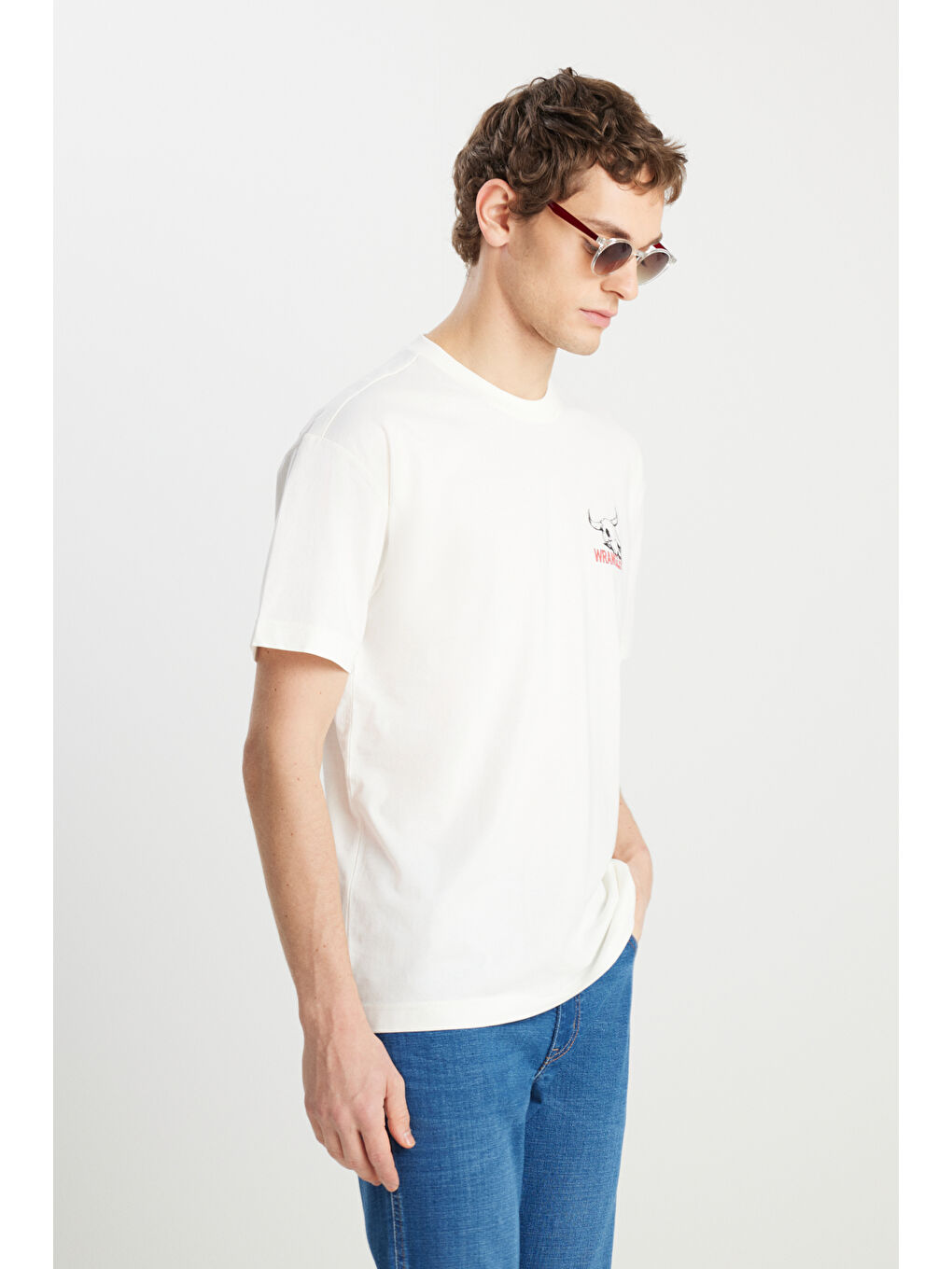 %100 Pamuk Relaxed Fit Geniş Kesim Bisiklet Yaka Kırık Beyaz Tişört-1