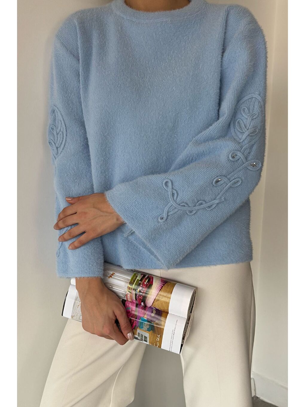 Mavi Kadın Bisiklet Yaka Kol İşlemeli Triko Kazak (s-m-l-xl Beden Uyumludur.)