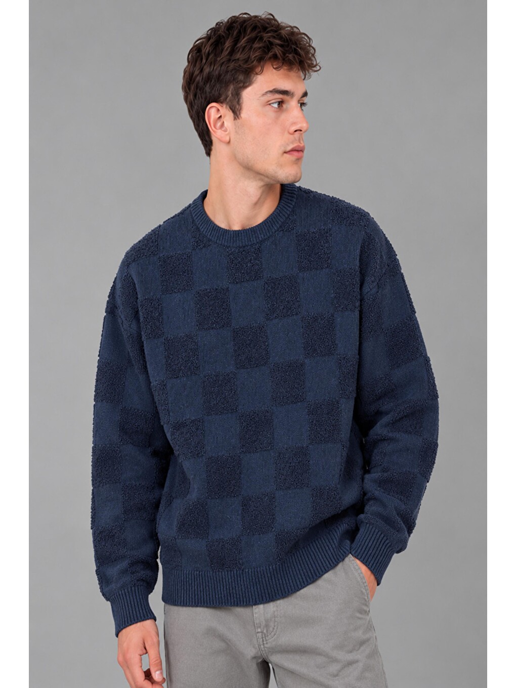 Lacivert Oversize Pelüş Kare Desen Kışlık Kazak Dp 18381_10062-2