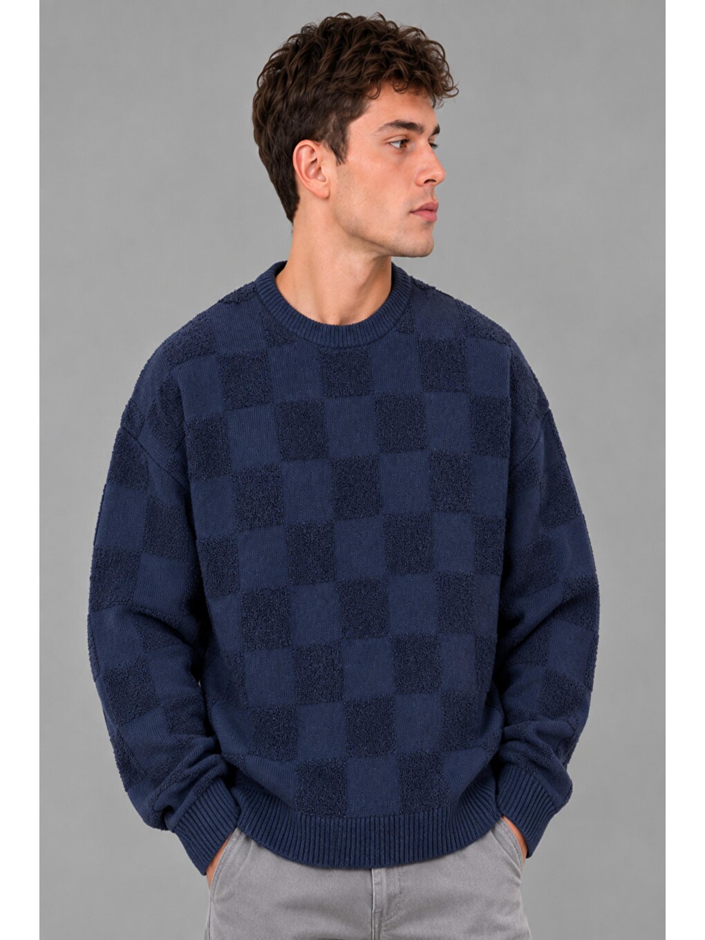 Lacivert Oversize Pelüş Kare Desen Kışlık Kazak Dp 18381_10062-3