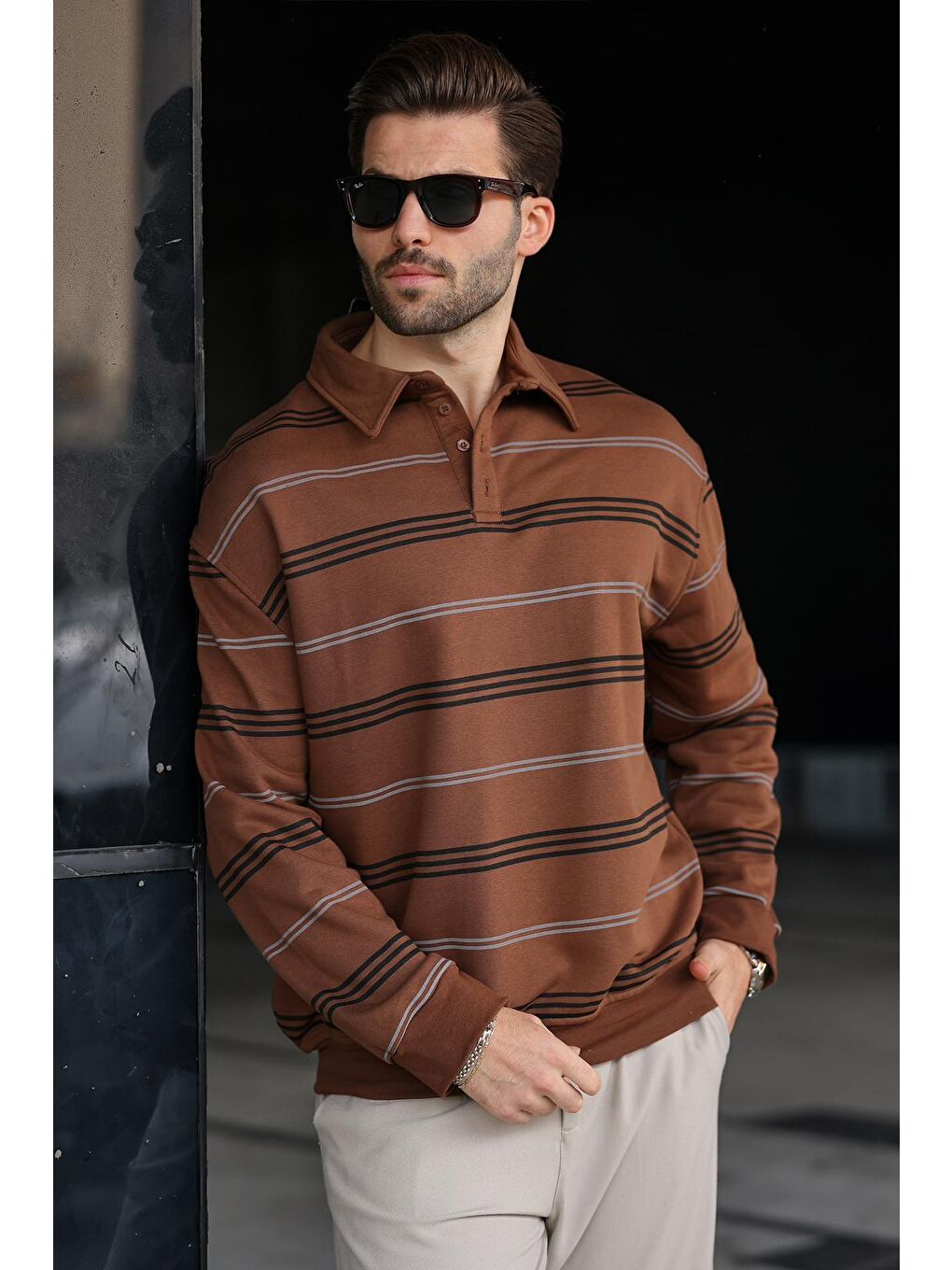 Kahverengi Çizgili Polo Yaka Erkek Sweatshirt E7172-1