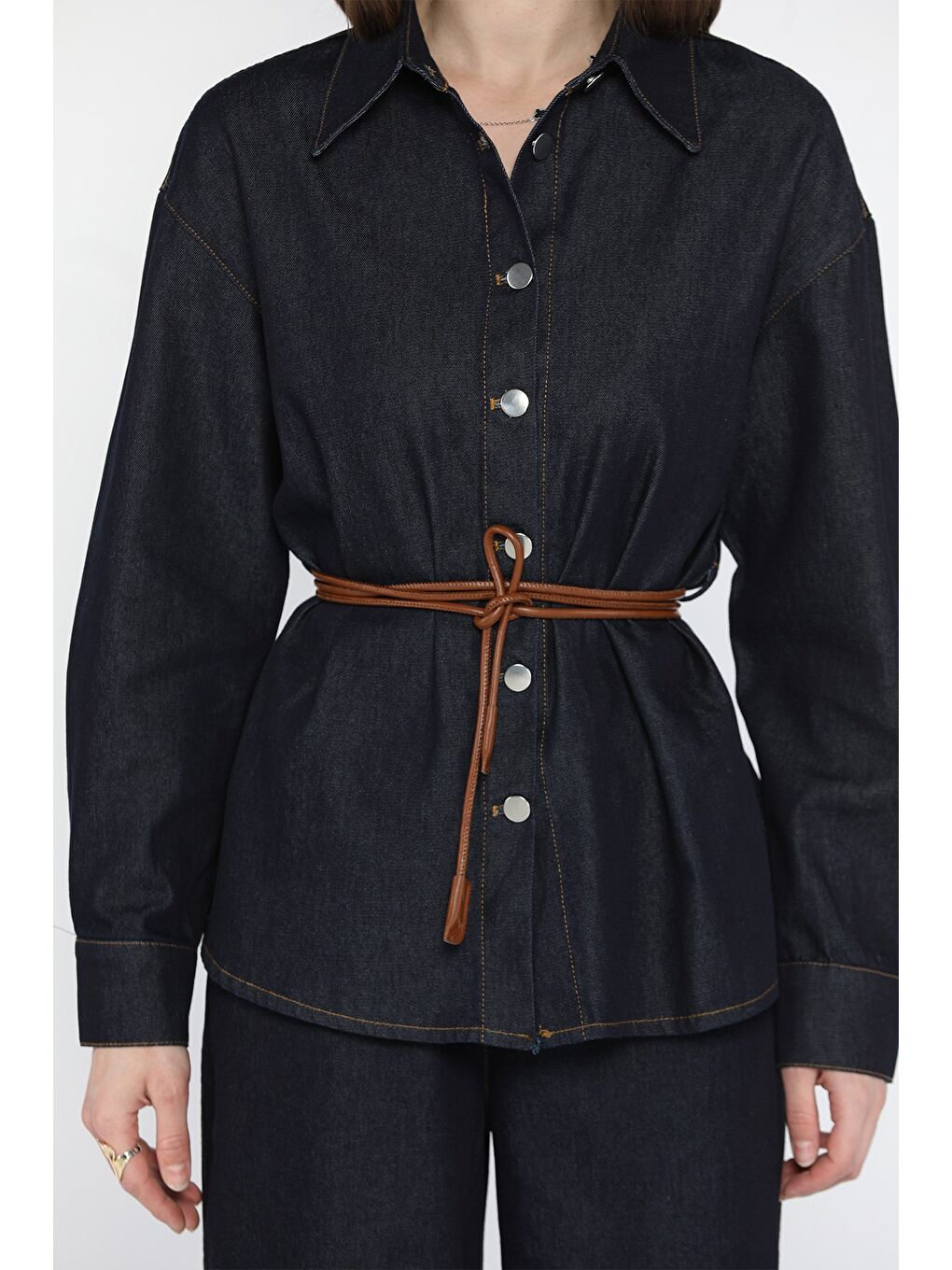 Lacivert Bel Kemer Detaylı Gömlek Pantolon Jean İkili Takım-3