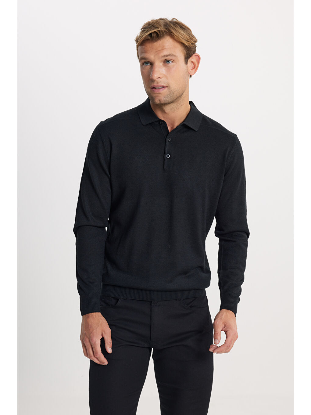 Erkek Siyah Yünlü Sıcak Tutan Standart Fit Normal Kesim Polo Yaka Triko Kazak-2