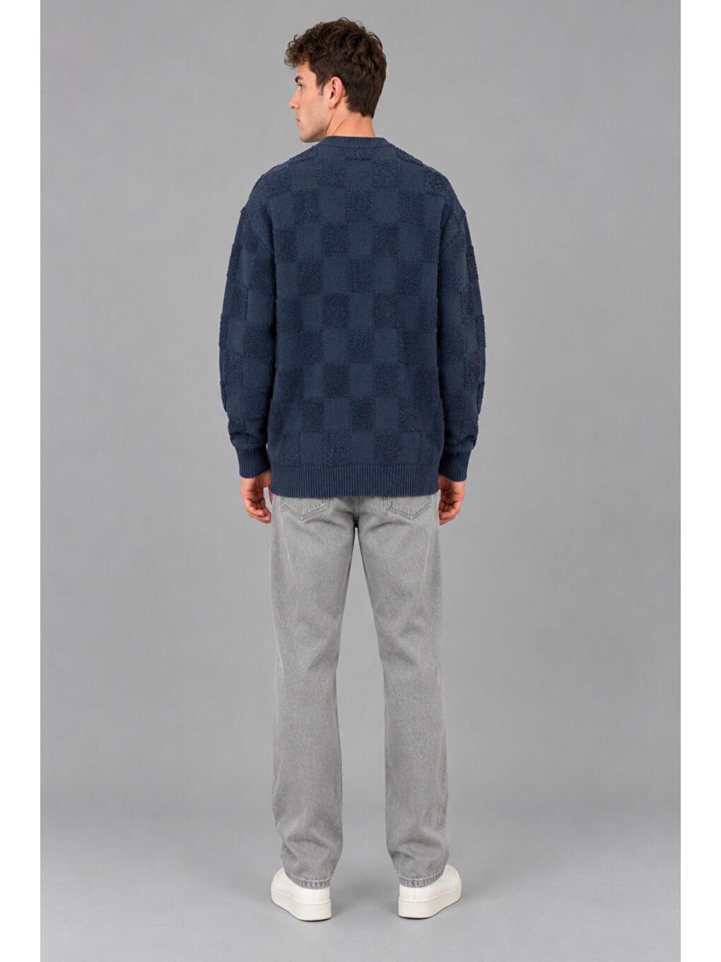 Lacivert Oversize Pelüş Kare Desen Kışlık Kazak Dp 18381_10062-4