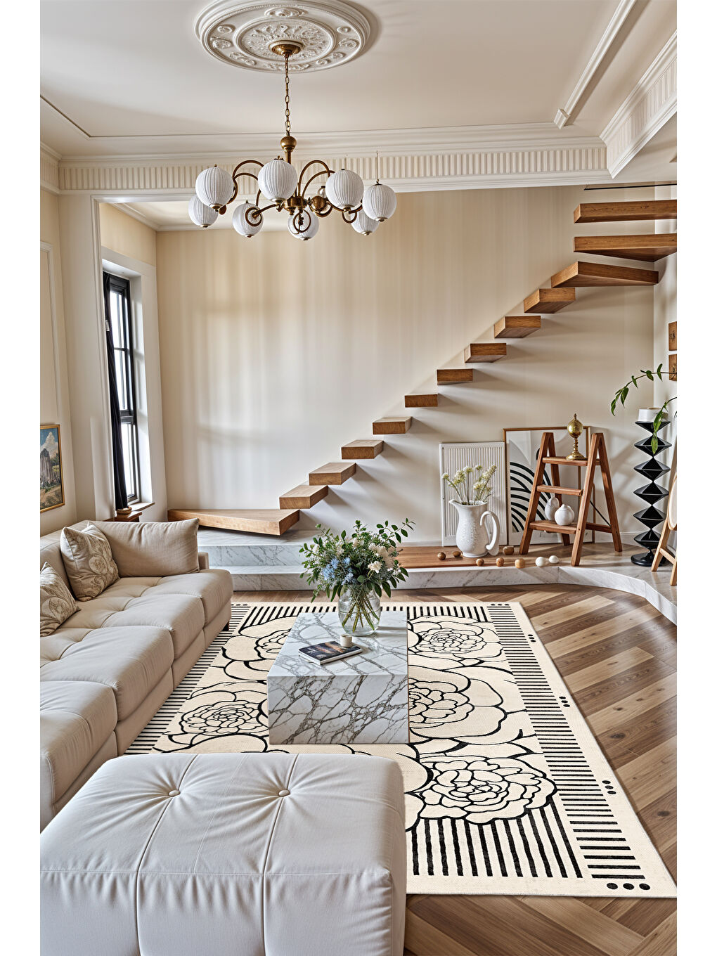 Ekru Dekoratif Salon Halısı, Makinada Yıkanabilir, Kaymaz Taban, İnce & Modern Tasarım-1