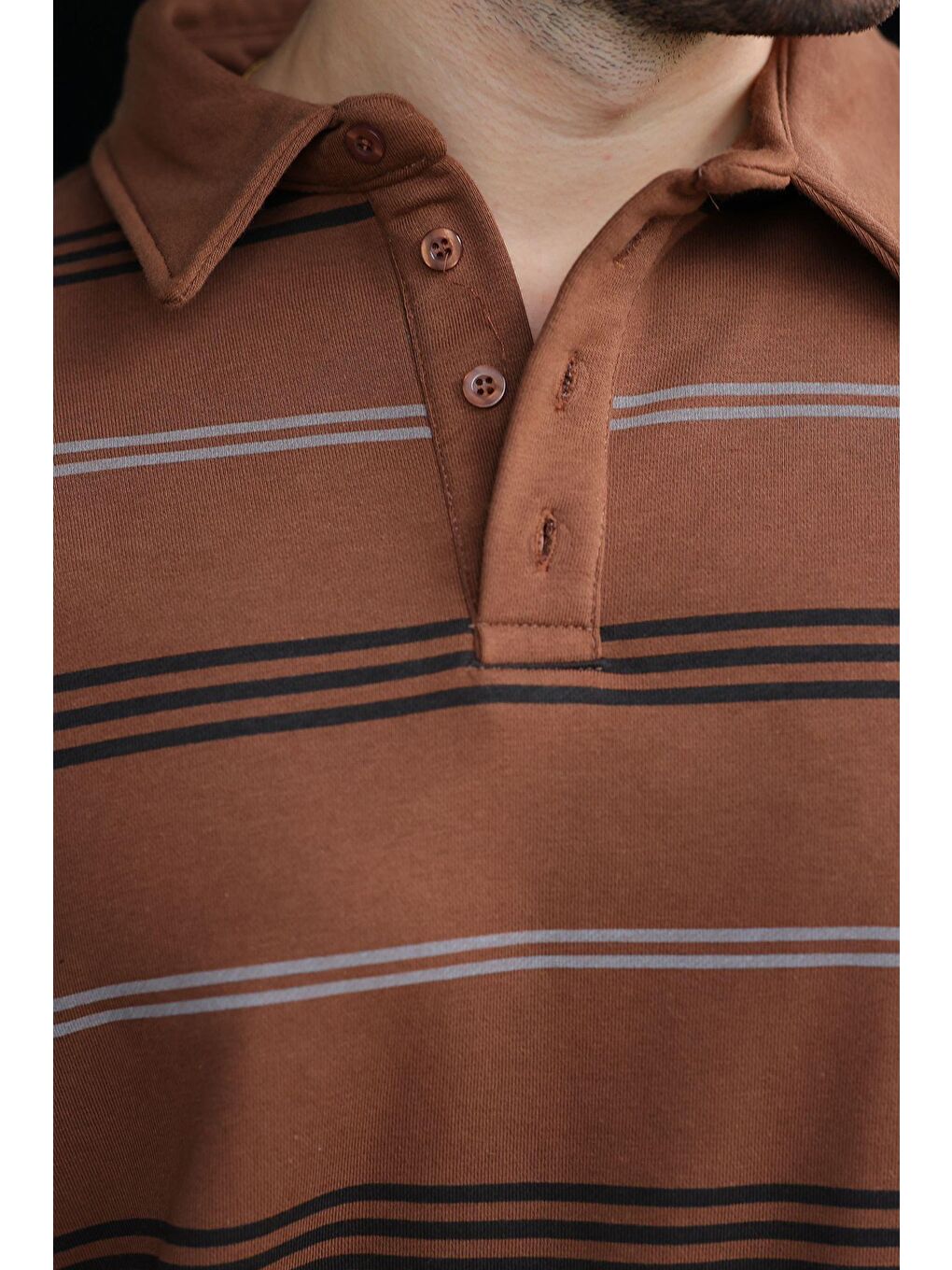 Kahverengi Çizgili Polo Yaka Erkek Sweatshirt E7172-2