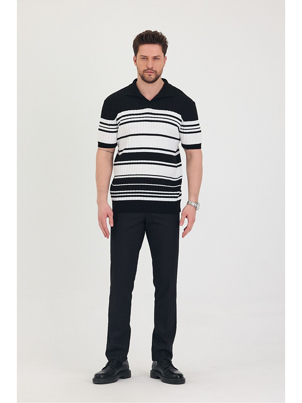 Siyah Erkek Polo Çizgi Detaylı Triko T-shirt-2
