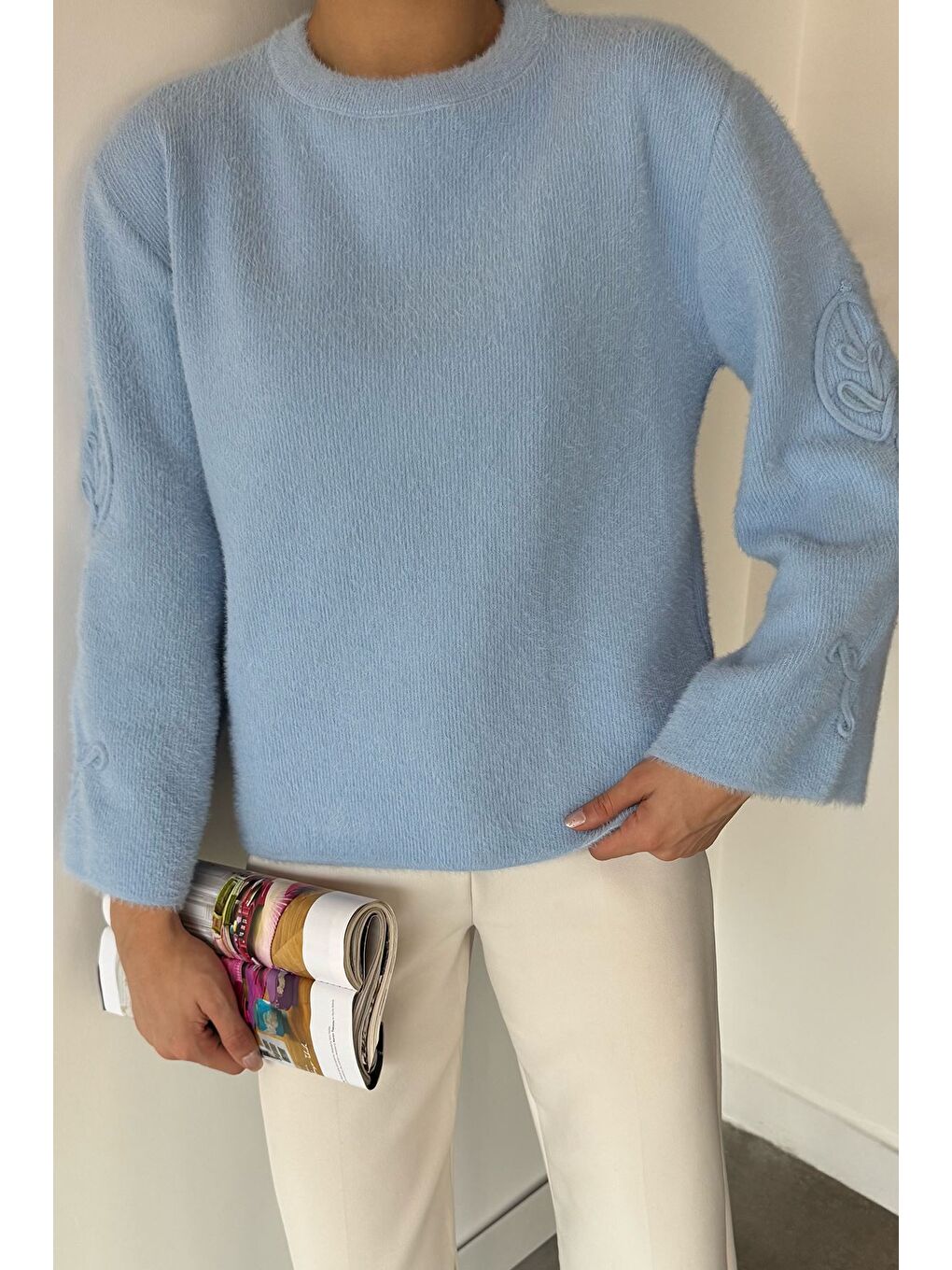 Mavi Kadın Bisiklet Yaka Kol İşlemeli Triko Kazak (s-m-l-xl Beden Uyumludur.)-1