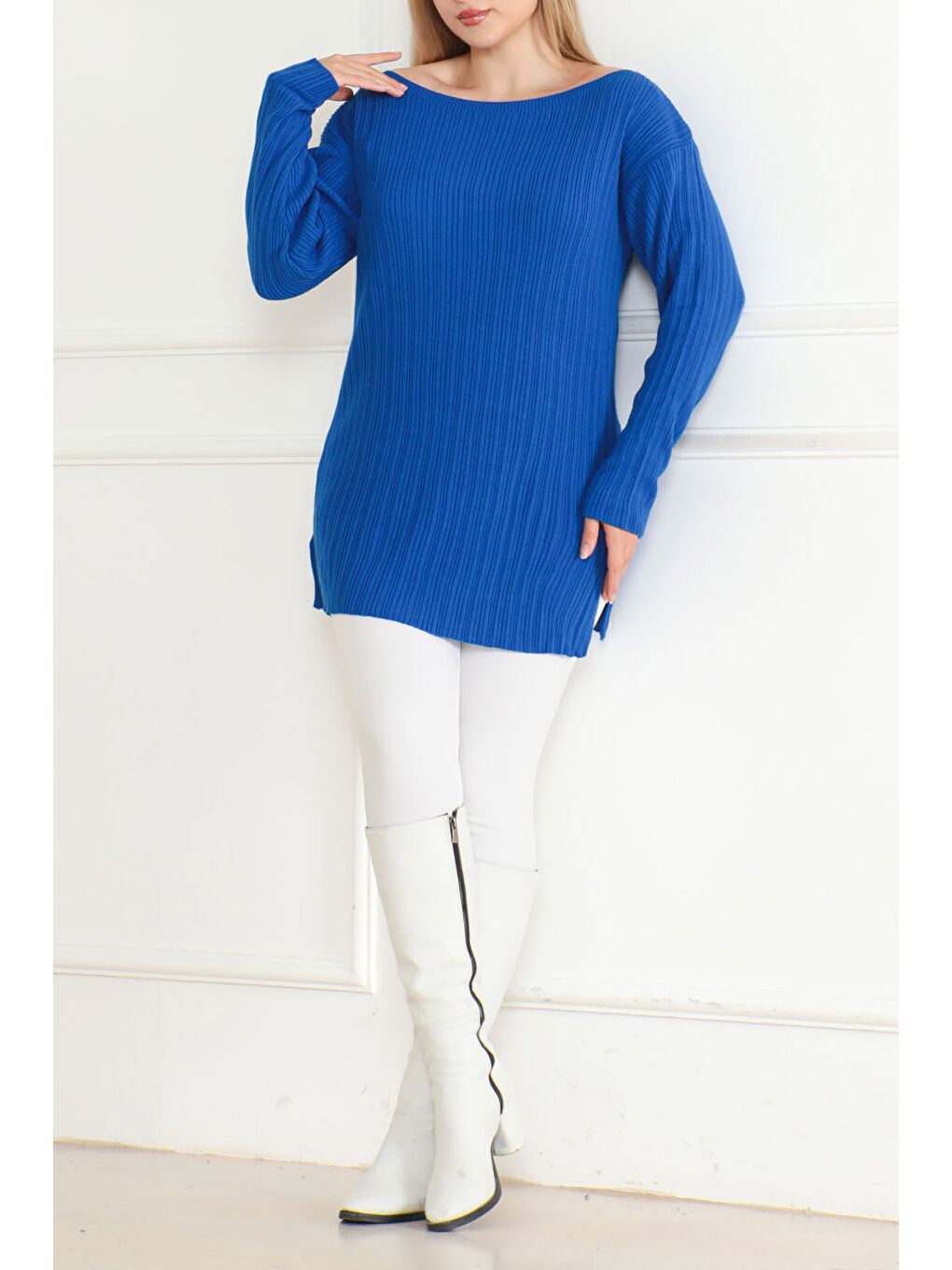 Mavi Fitilli Açık Yaka Triko Kazak Saks - 27663-1