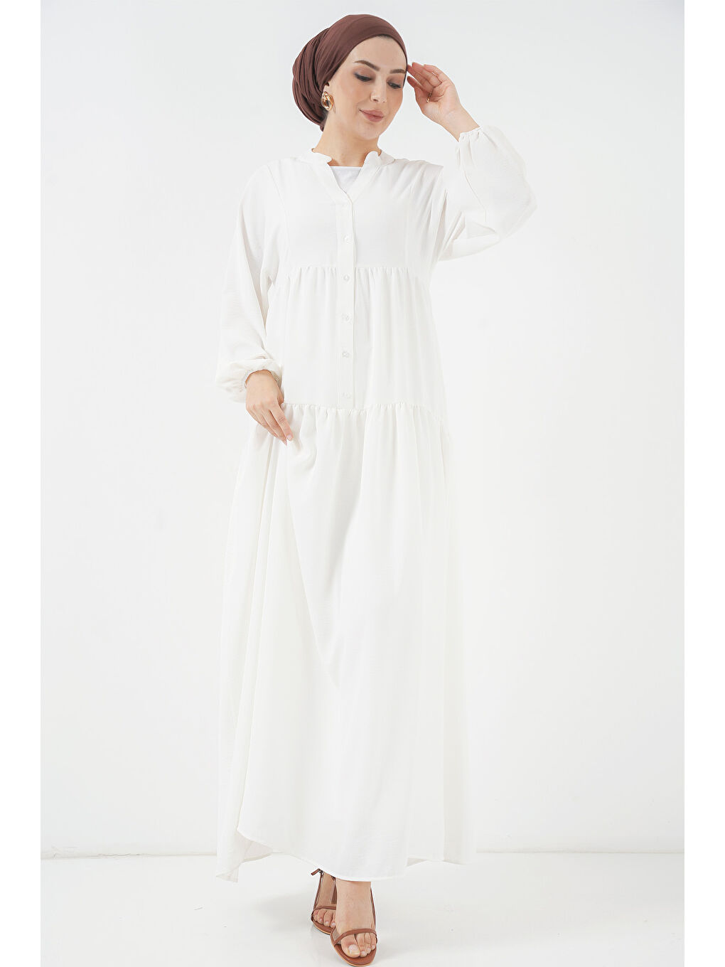 2527 Kadın Uzun Tesettür Elbise - Beyaz