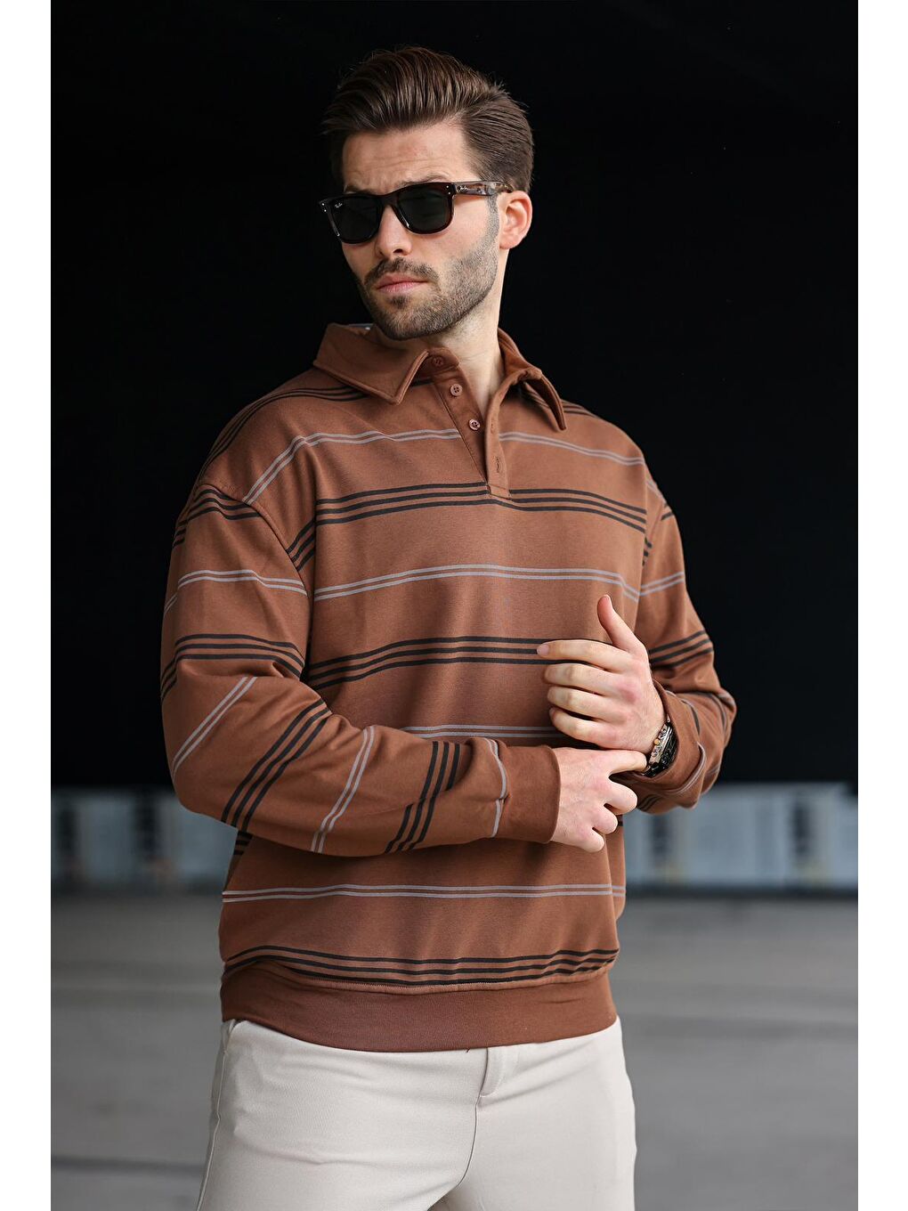 Kahverengi Çizgili Polo Yaka Erkek Sweatshirt E7172-3