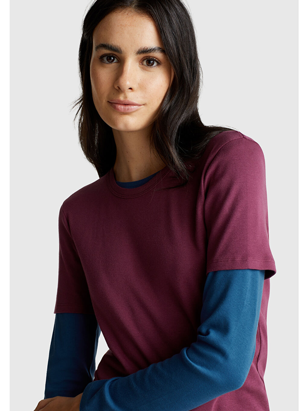 Kadın Mürdüm %100 Pamuk Basic Kısa Kollu Bisiklet Yaka T-Shirt-4