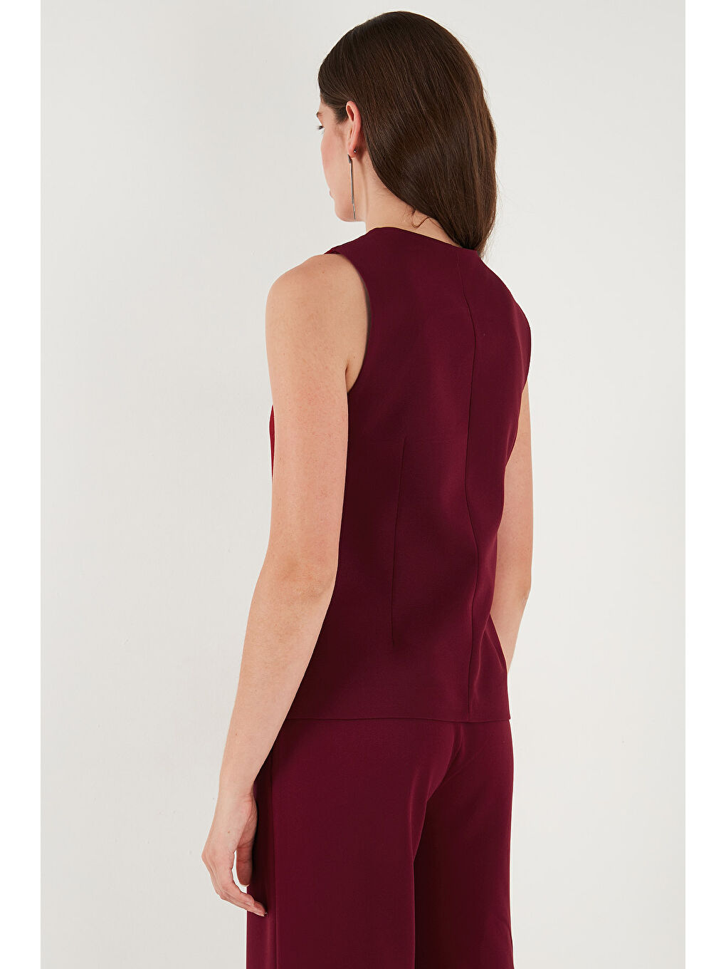 Bordo Regular Fit Bisiklet Yaka Kolsuz Düğmeli Basic Kadın Bluz Yelek 65200004-6