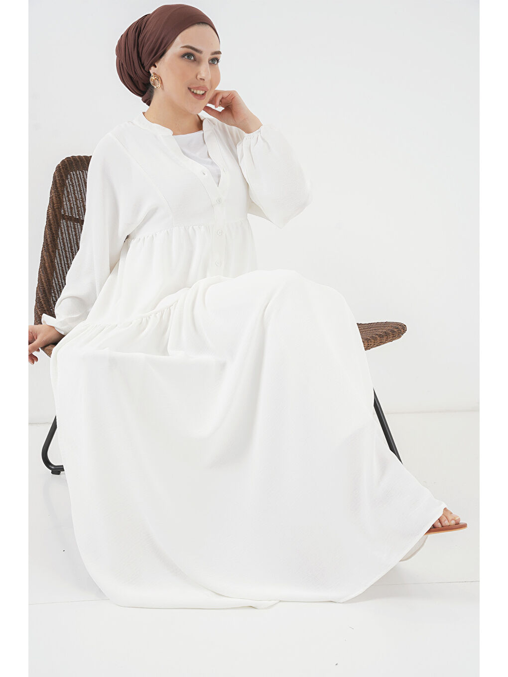2527 Kadın Uzun Tesettür Elbise - Beyaz-1