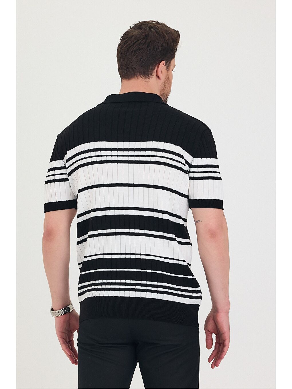 Siyah Erkek Polo Çizgi Detaylı Triko T-shirt-6