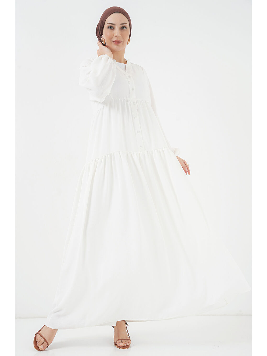 2527 Kadın Uzun Tesettür Elbise - Beyaz-2