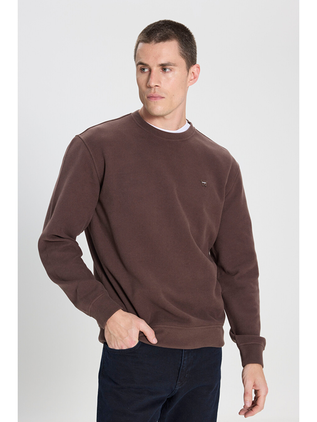 Regular Fit Normal Kesim Bisiklet Yaka Koyu Kahverengi Sweatshirt-1