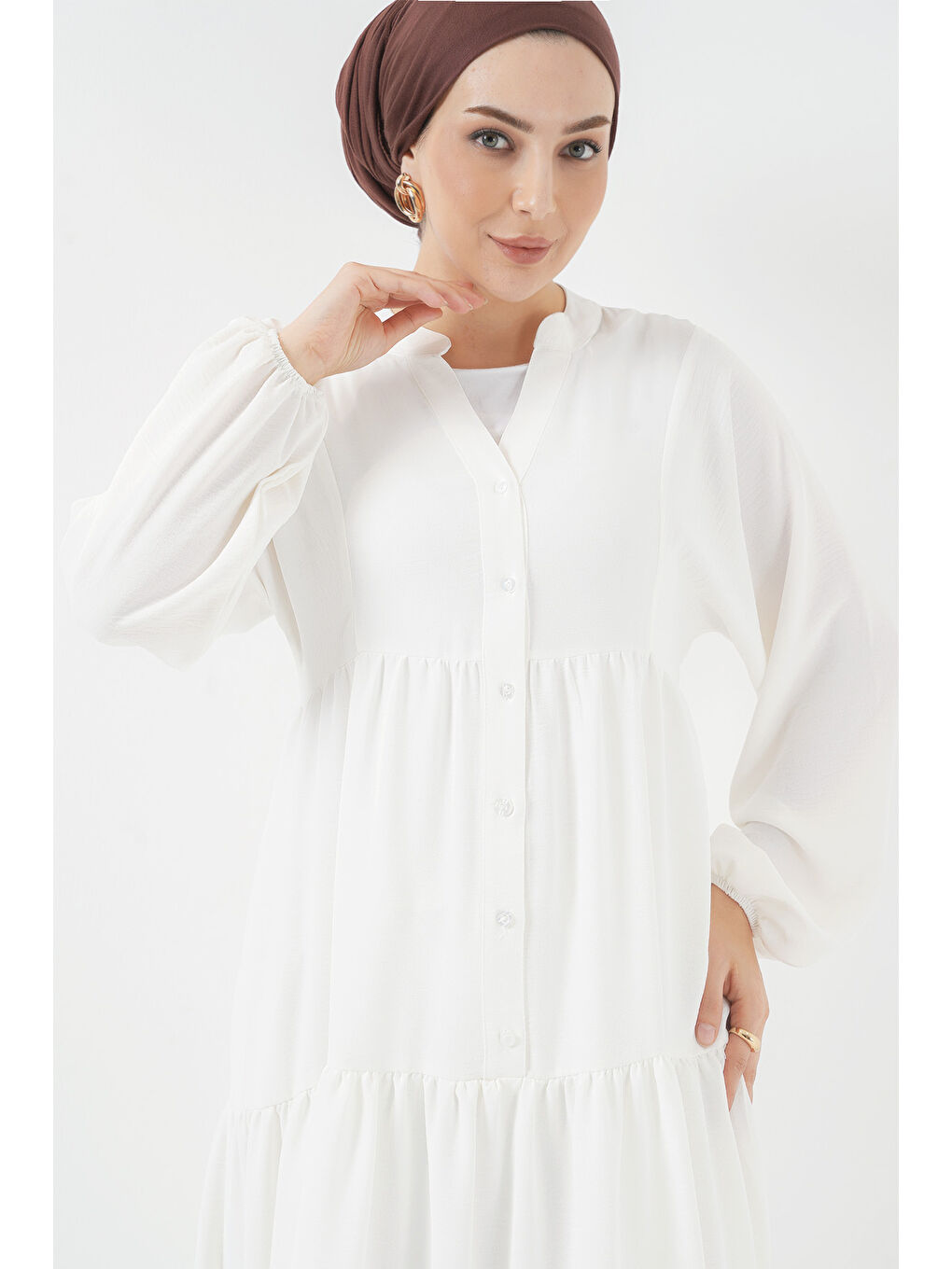 2527 Kadın Uzun Tesettür Elbise - Beyaz-3