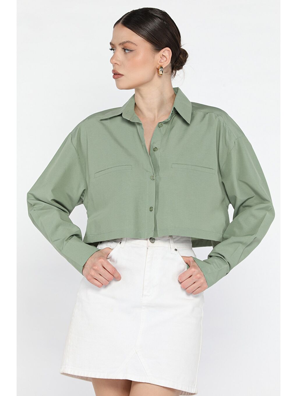 Haki Kadın Basic Crop Top Gömlek