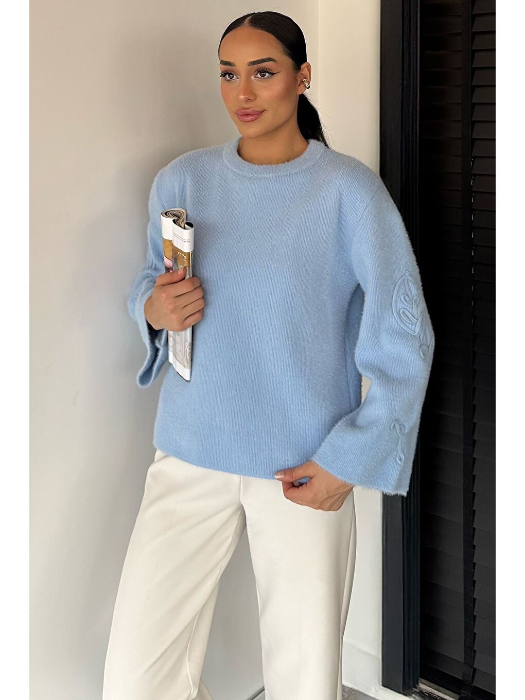 Mavi Kadın Bisiklet Yaka Kol İşlemeli Triko Kazak (s-m-l-xl Beden Uyumludur.)-2