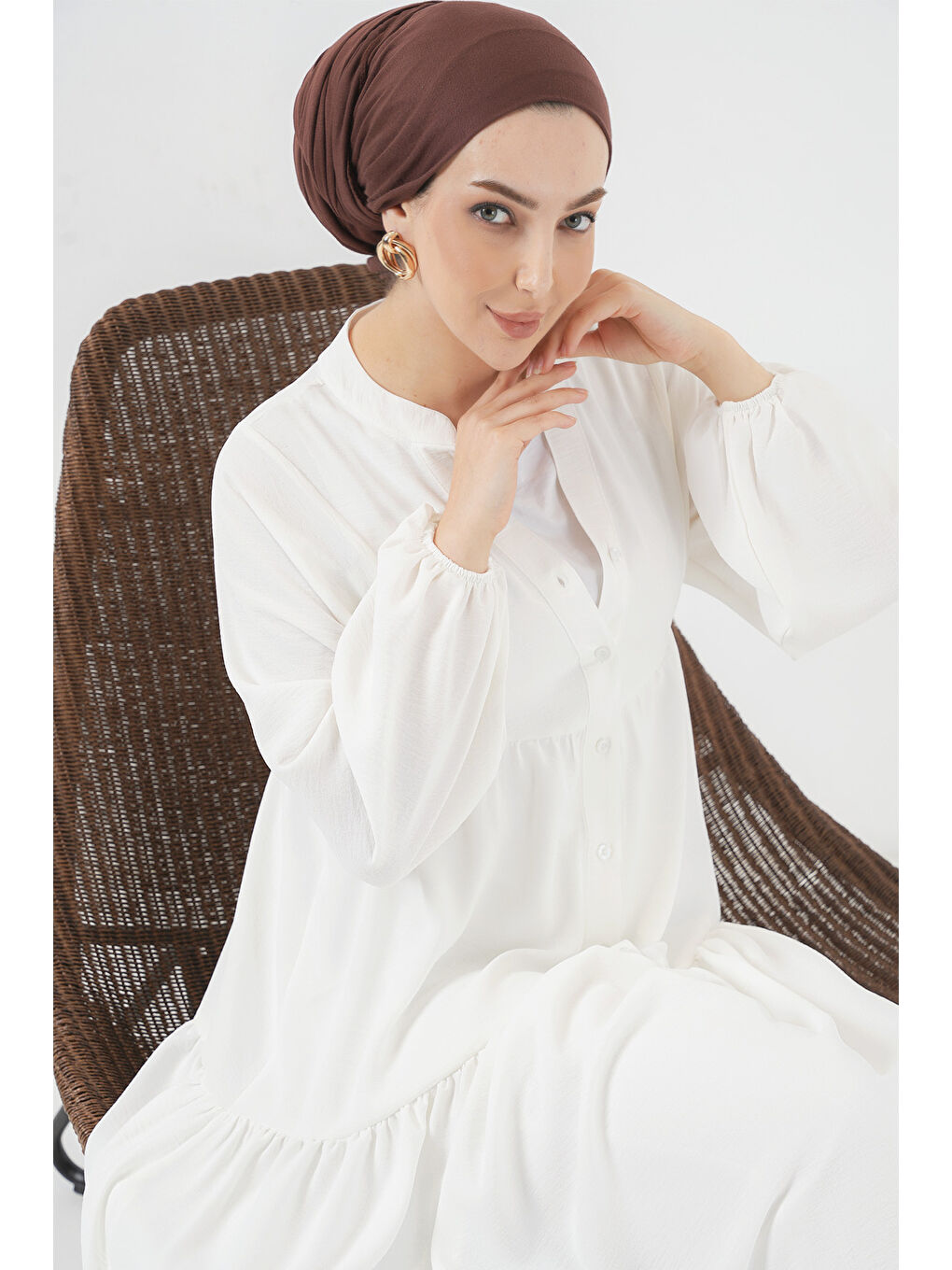 2527 Kadın Uzun Tesettür Elbise - Beyaz-4