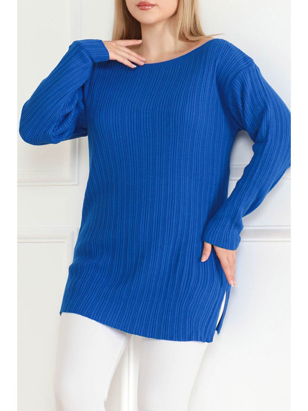 Mavi Fitilli Açık Yaka Triko Kazak Saks - 27663-2