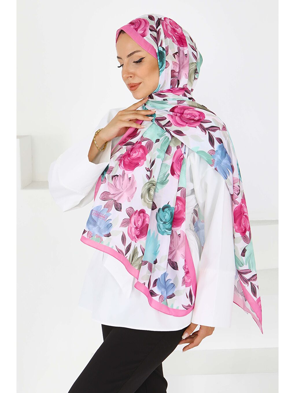 Fuşya Flower Serisi Rose Lily Desenli Şal Fusya - 27594