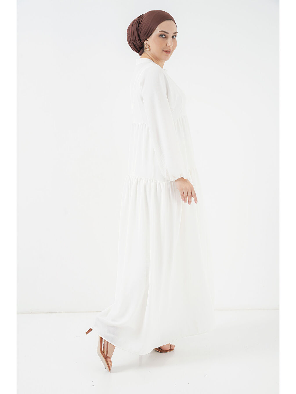 2527 Kadın Uzun Tesettür Elbise - Beyaz-6