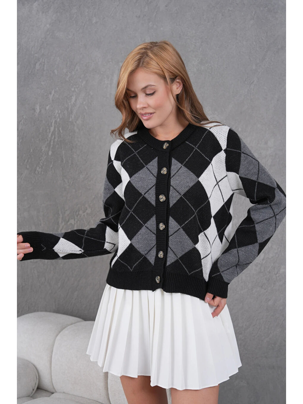 Siyah Kadın Bisiklet Yaka Baklava Desenli Düğme Kapama Triko Hırka Ceket-2