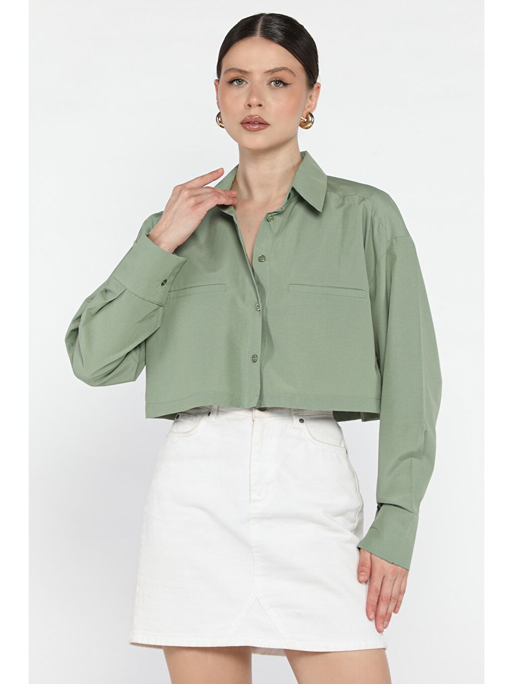 Haki Kadın Basic Crop Top Gömlek-1