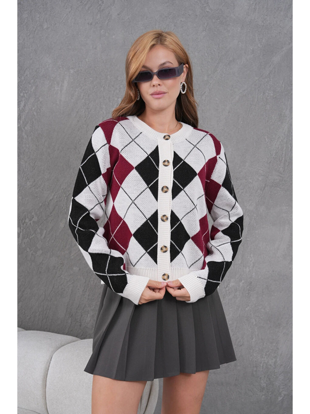 Bej Kadın Bisiklet Yaka Baklava Desenli Düğme Kapama Triko Hırka Ceket