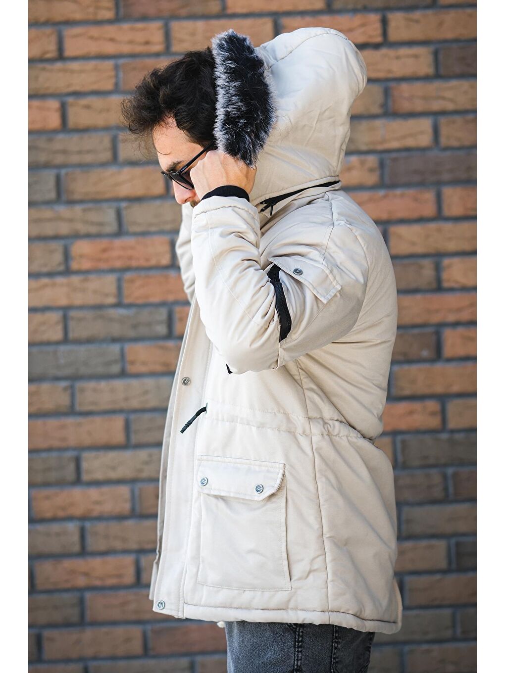 Bej Remo İçi Kürklü Kapüşonlu Kanvas Uzun Kaban Parka-2