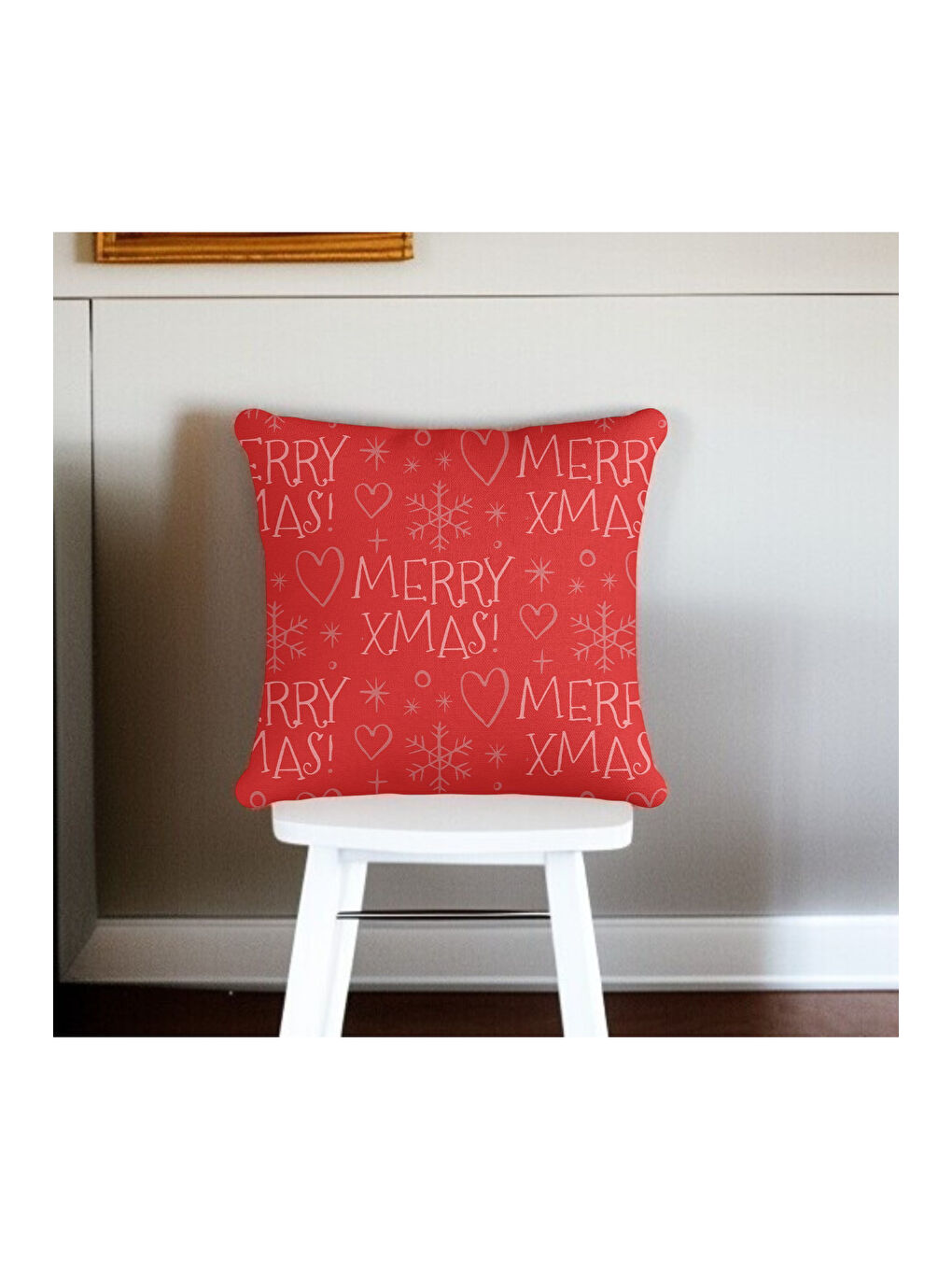 Yılbaşı Noel Temalı "Merry Xmas" Yazı Kalp Kar Tanesi Baskılı  Kırlent Kılıfı - Kırmızı 43x43