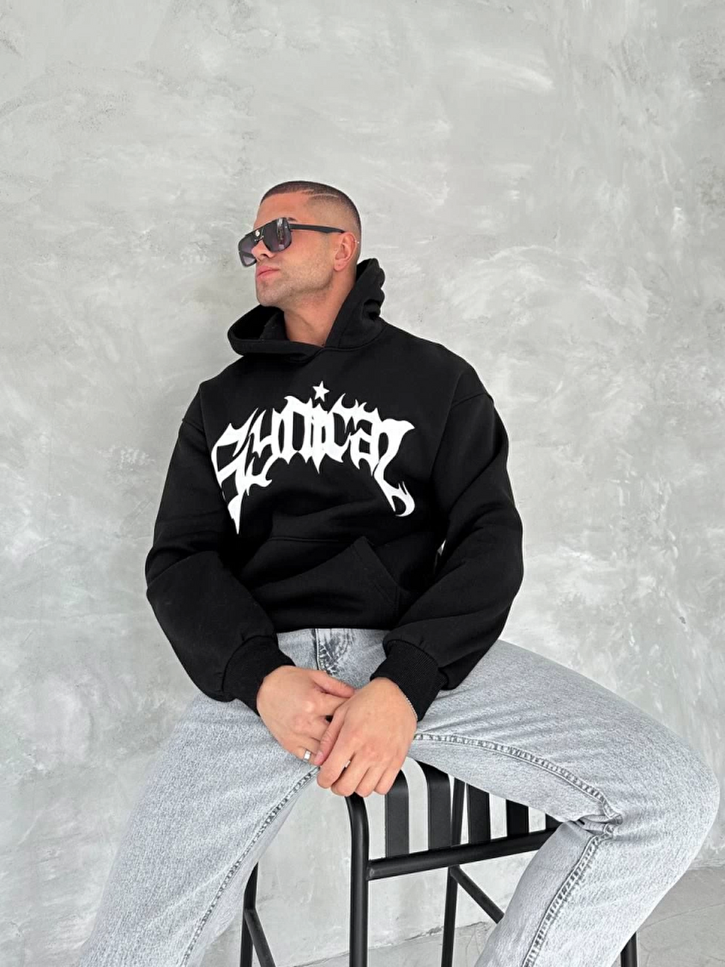 Unisex Üç İplik Kapüşonlu Baskılı Sweatshirt - Siyah-2
