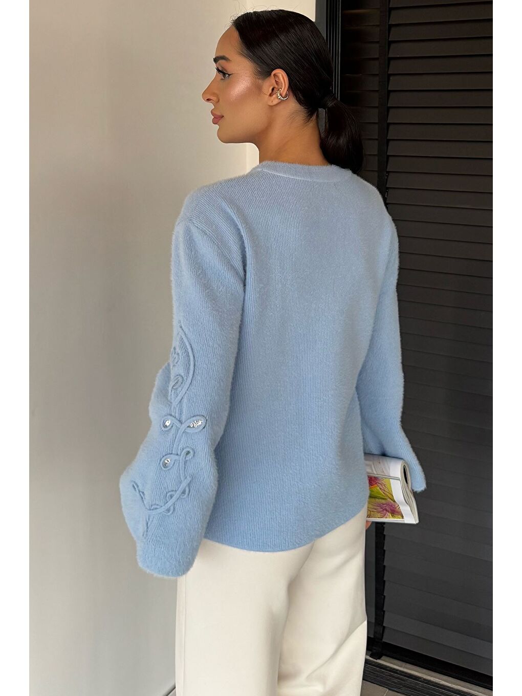 Mavi Kadın Bisiklet Yaka Kol İşlemeli Triko Kazak (s-m-l-xl Beden Uyumludur.)-3