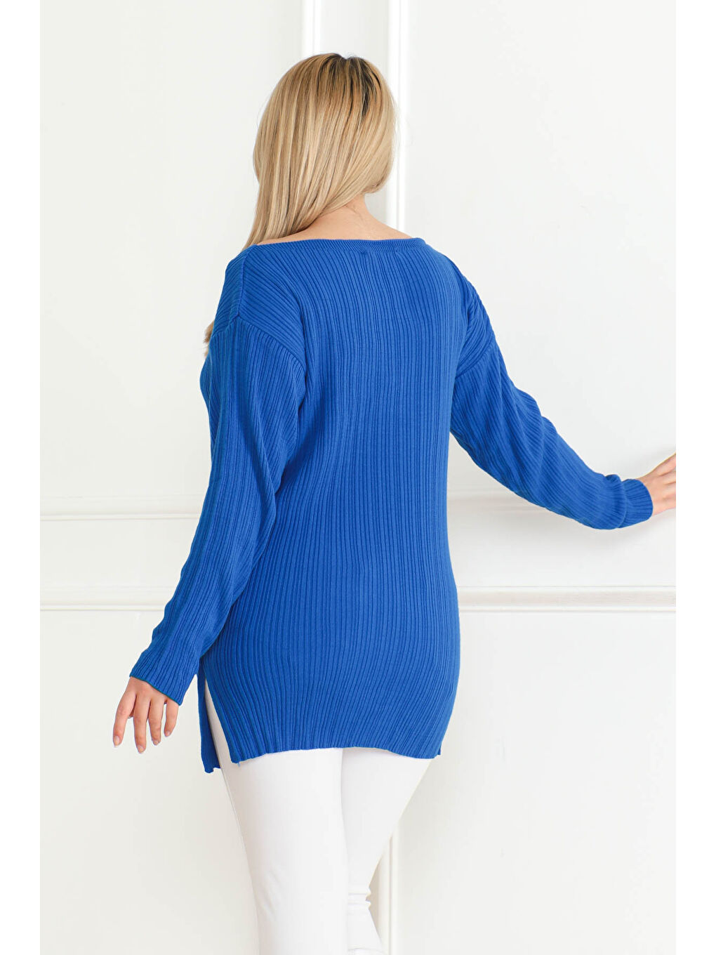 Mavi Fitilli Açık Yaka Triko Kazak Saks - 27663-3