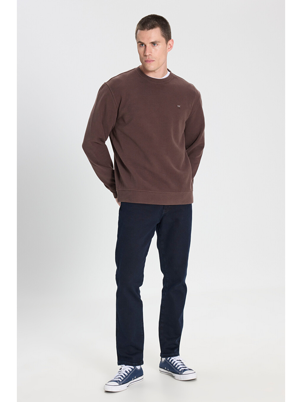 Regular Fit Normal Kesim Bisiklet Yaka Koyu Kahverengi Sweatshirt-2