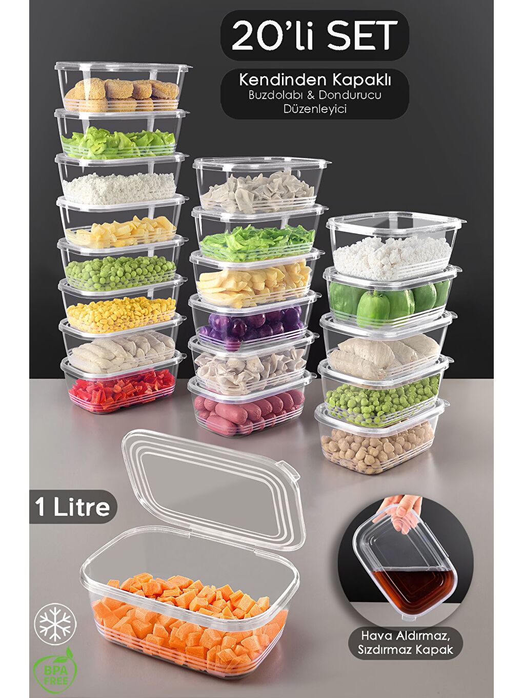 Renksiz 20 Adet Sızdırmaz Kendinden Kapaklı Derin Dondurucuya Uygun Saklama Kabı Hava Almaz Düzenleyici 1lt