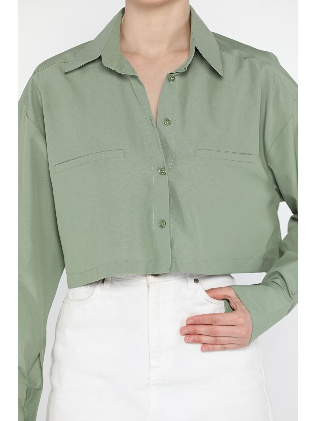 Haki Kadın Basic Crop Top Gömlek-2