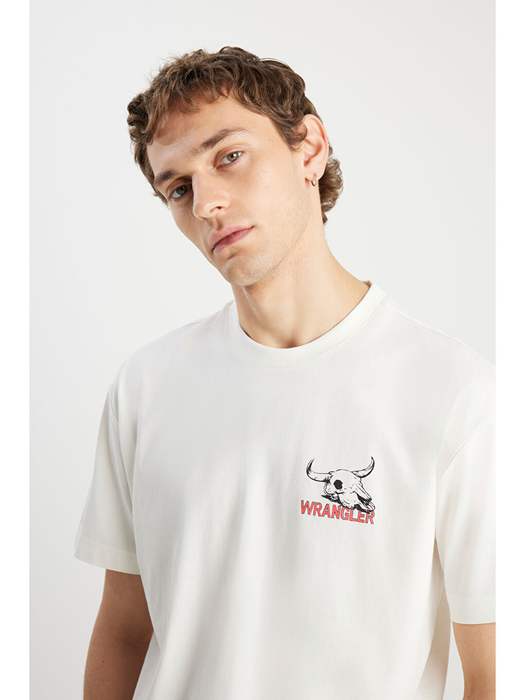 %100 Pamuk Relaxed Fit Geniş Kesim Bisiklet Yaka Kırık Beyaz Tişört-3