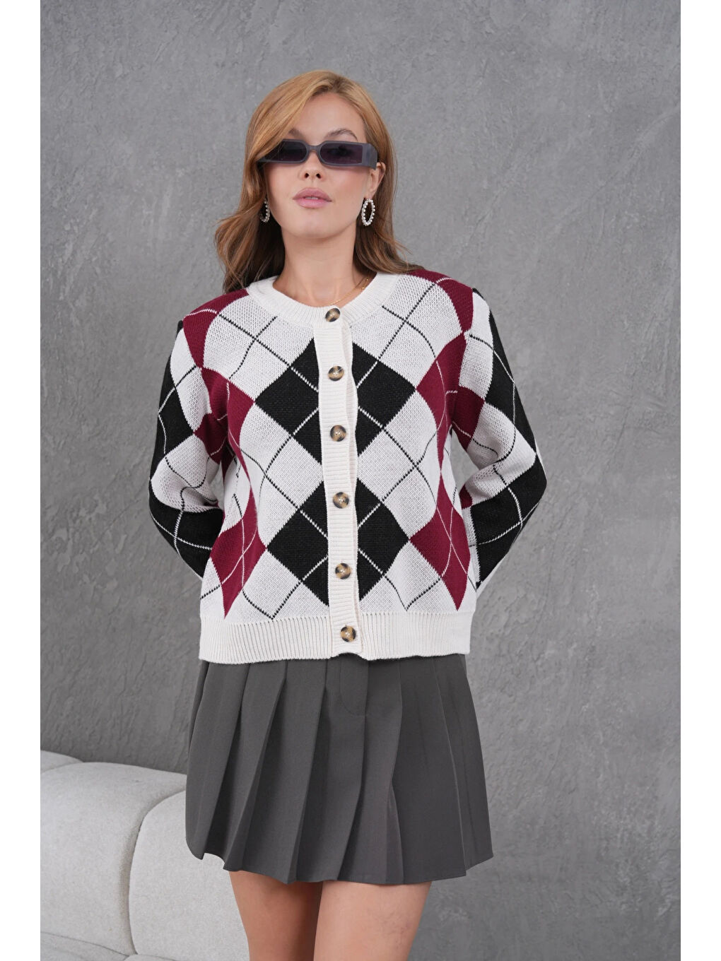 Bej Kadın Bisiklet Yaka Baklava Desenli Düğme Kapama Triko Hırka Ceket-1