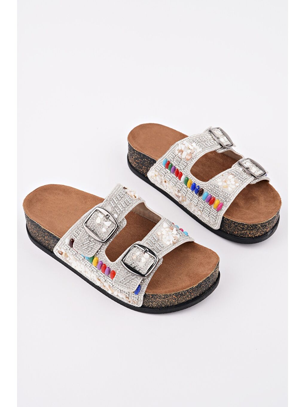 Gri DELBİN Çift Bantlı Taşlı Ayarlanabilir Kemerli Günlük Kadın Terlik