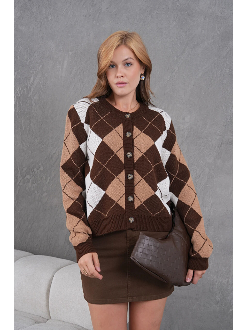 Kahverengi Kadın Bisiklet Yaka Baklava Desenli Düğme Kapama Triko Hırka Ceket