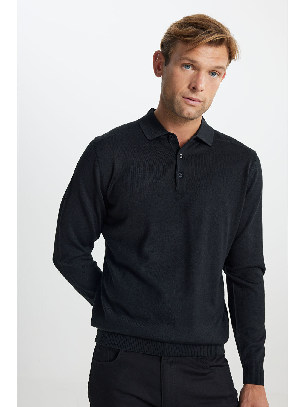 Erkek Siyah Yünlü Sıcak Tutan Standart Fit Normal Kesim Polo Yaka Triko Kazak-3