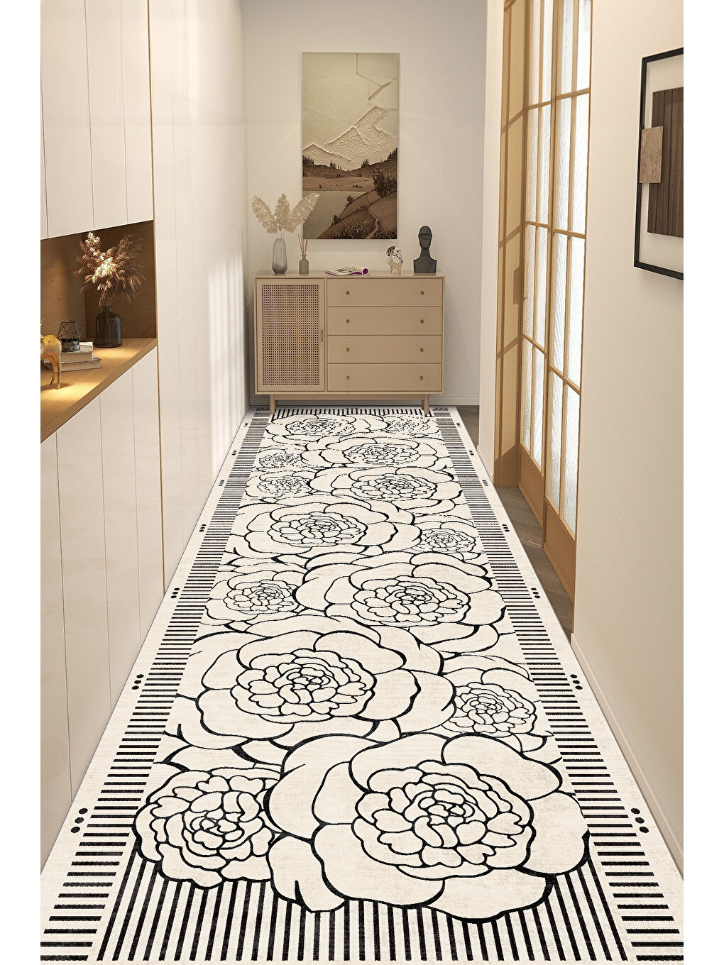 Ekru Dekoratif Salon Halısı, Makinada Yıkanabilir, Kaymaz Taban, İnce & Modern Tasarım-4